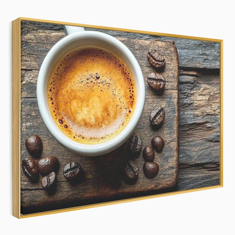 Tablou canvas cu ceasca de espresso si boabe de cafea, in rama de aluminiu auriu